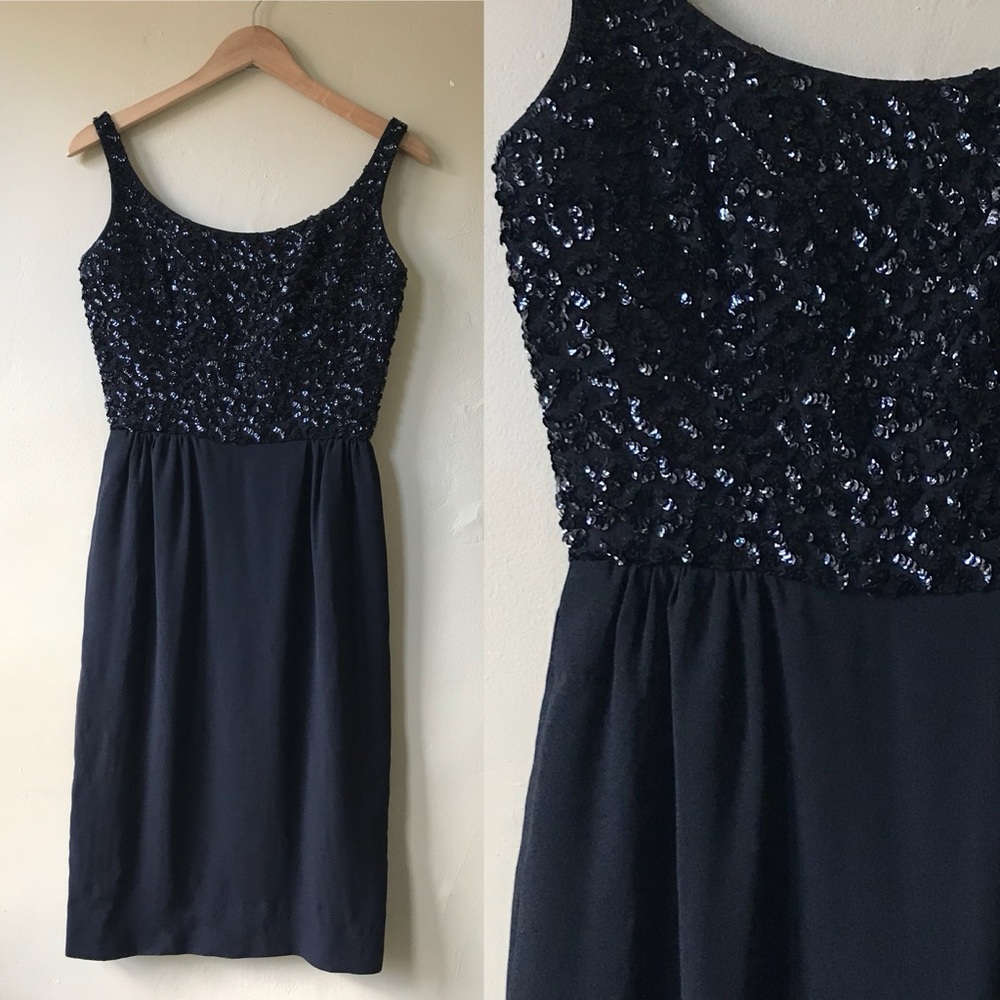 1950s 1960s vintage black sequined crepe skirt holiday wiggle dress